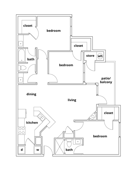 Floor plan for 3 beds, 2 baths, 1250 sqft